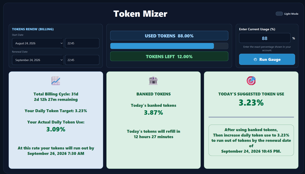 Cursor Token Mizer – Cursor Usage Tracker for Windows Cursor Token Mizer dashboard showing used tokens, tokens left, billing cycle, banked tokens, and suggested daily usage